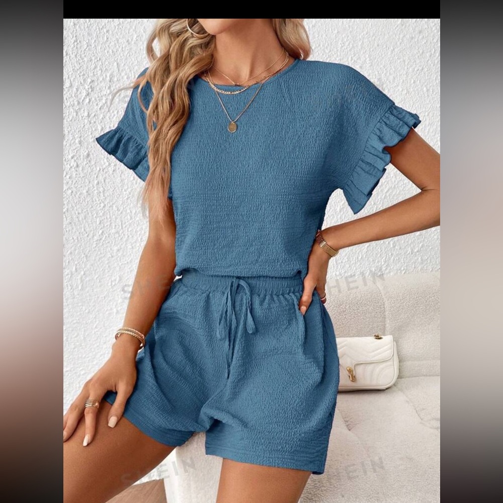 SHEIN Essnce Women's Short Sleeve Top & Elastic Waist Shorts Set, 2pcs